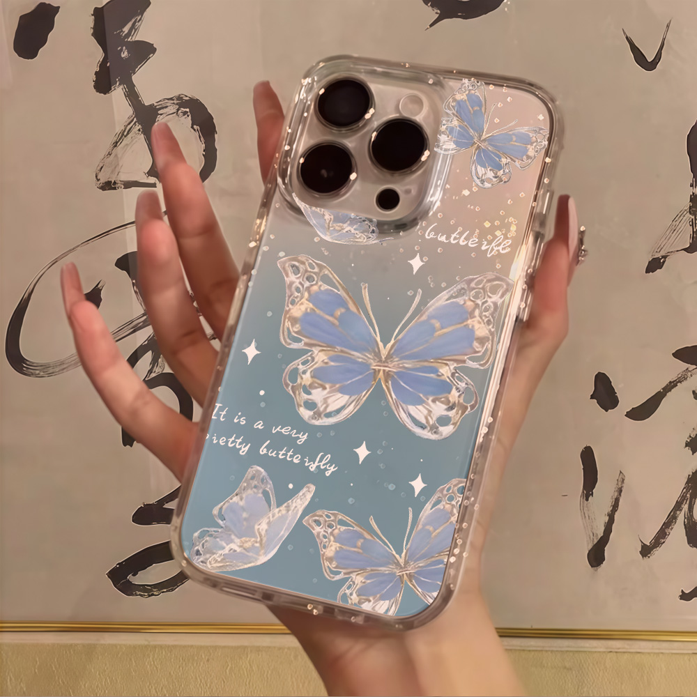 Phone Cases Iphone 16 - Capa de Celular Luxuosa Azul Borboleta